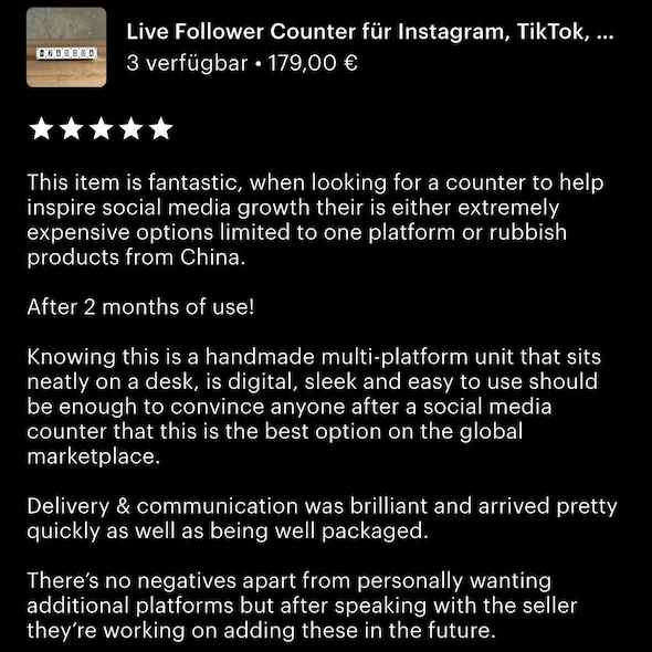 Screenshot of an Etsy review for Tikky