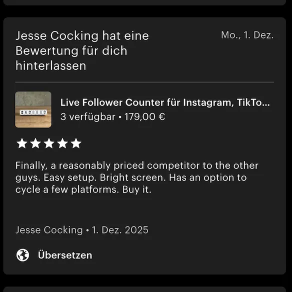 Screenshot of an Etsy review for Tikky